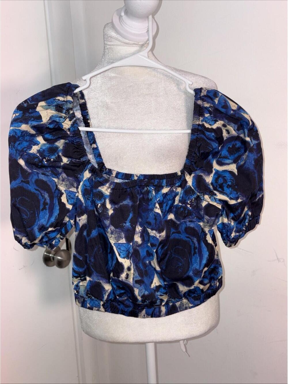 Open Edit Cropped Off Shoulder Too Blue Floral Puff Sleeves Square Neck XS Cotto